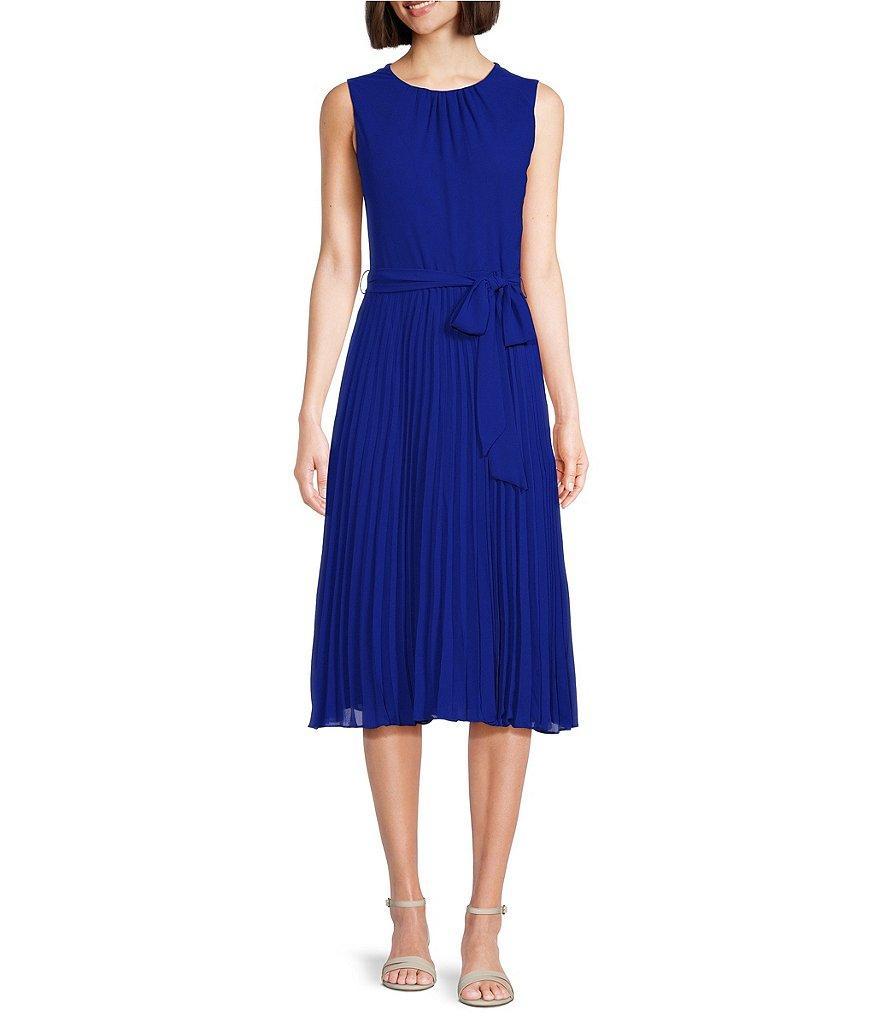 Jessica Howard Sleeveless Crew Neck Tie Waist Pleated Midi Dress Product Image