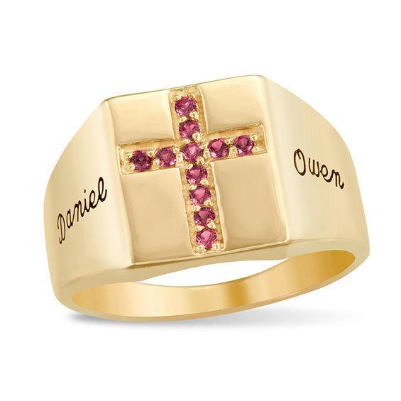 Men's Birthstone Cross Ring by ArtCarved (1 Stone and 2 Lines) Product Image