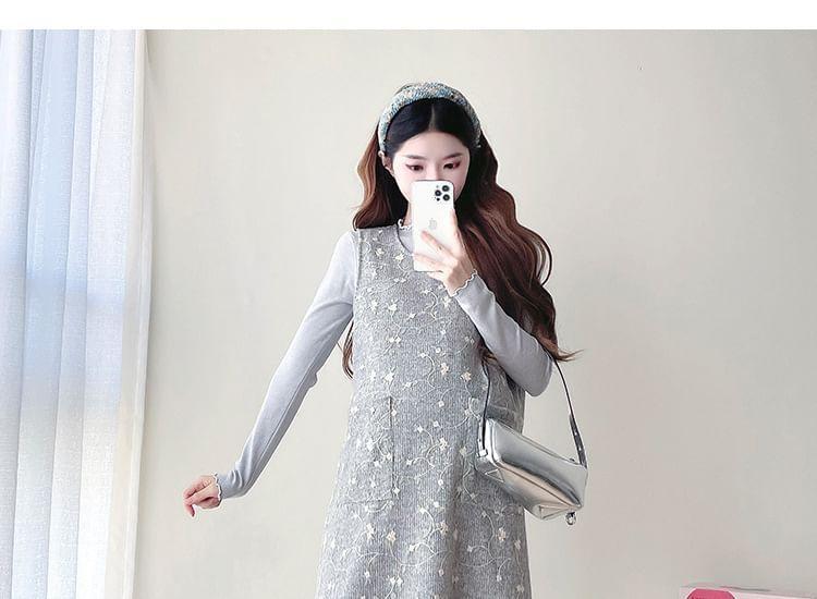 Maternity Long-Sleeve Lettuce Edge Knit Top / Scoop Neck Floral Embroidered A-Line Overall Dress Product Image