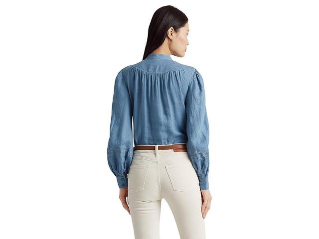 LAUREN Ralph Lauren Embroidered Linen Blouse (Provincial Blue) Women's Clothing Product Image