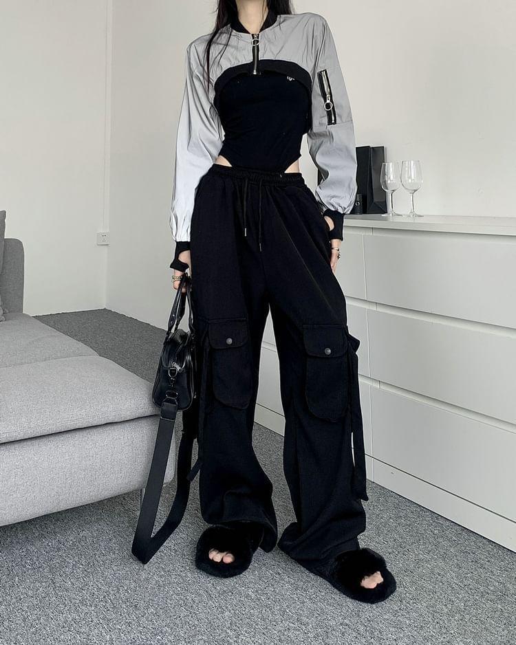 Sleeveless Scoop Neck Lettering Embroidered Bodysuit Top / Drawstring Waist Plain Wide Leg Cargo Pants / Two Tone Panel Crop Zip Jacket Product Image