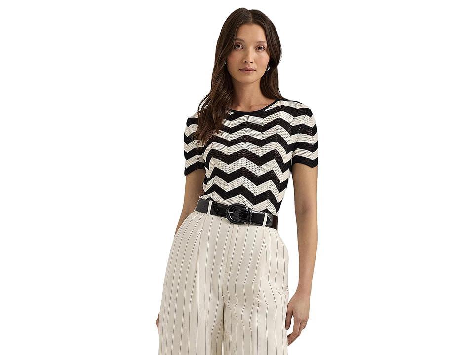 LAUREN Ralph Lauren Chevron Short-Sleeve Sweater (Black/Mascarpone Cream) Women's Clothing product image