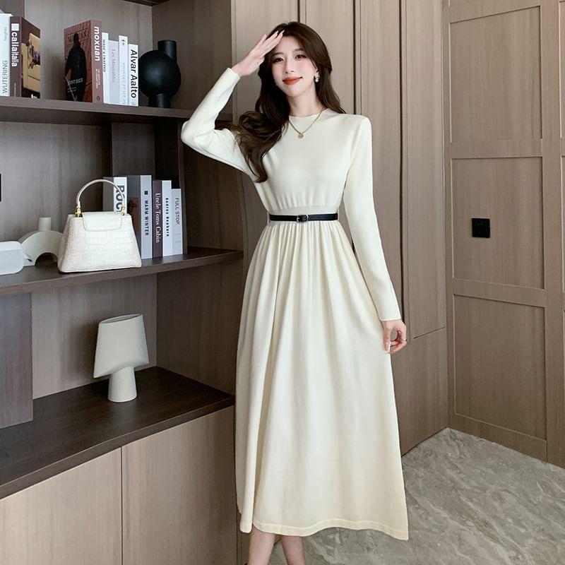 Long-Sleeve Mock Neck Cutout Plain Midi A-Line Dress Product Image