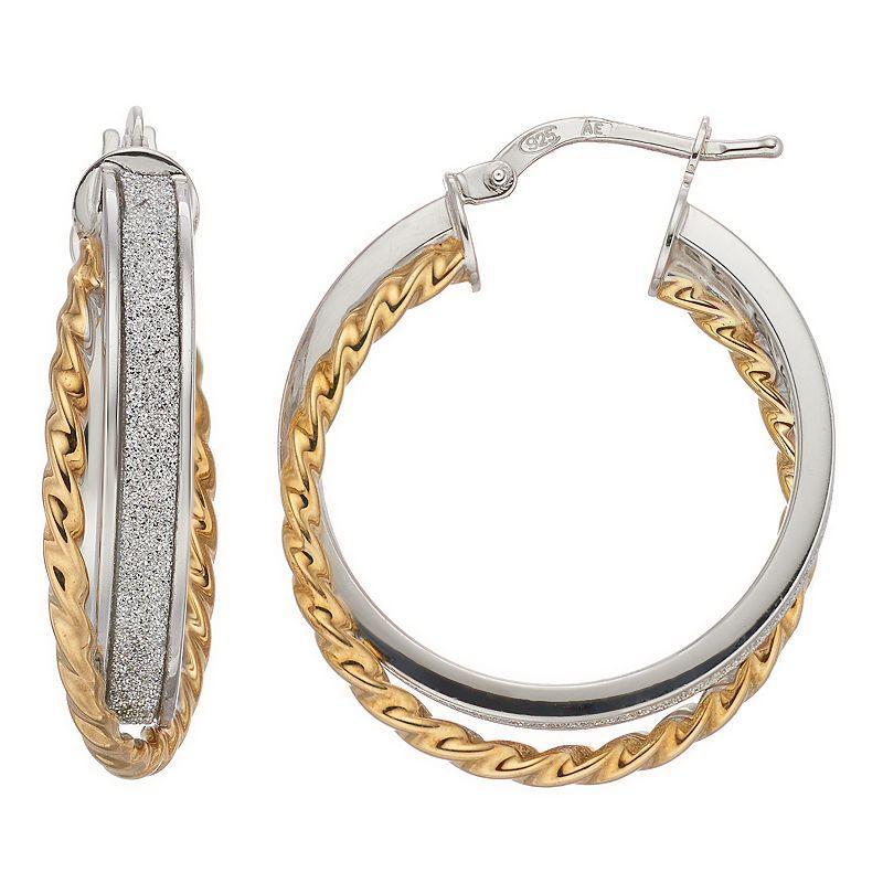 Two Tone Sterling Silver Twisted Rope Glitter Hoop Earrings, Womens Product Image