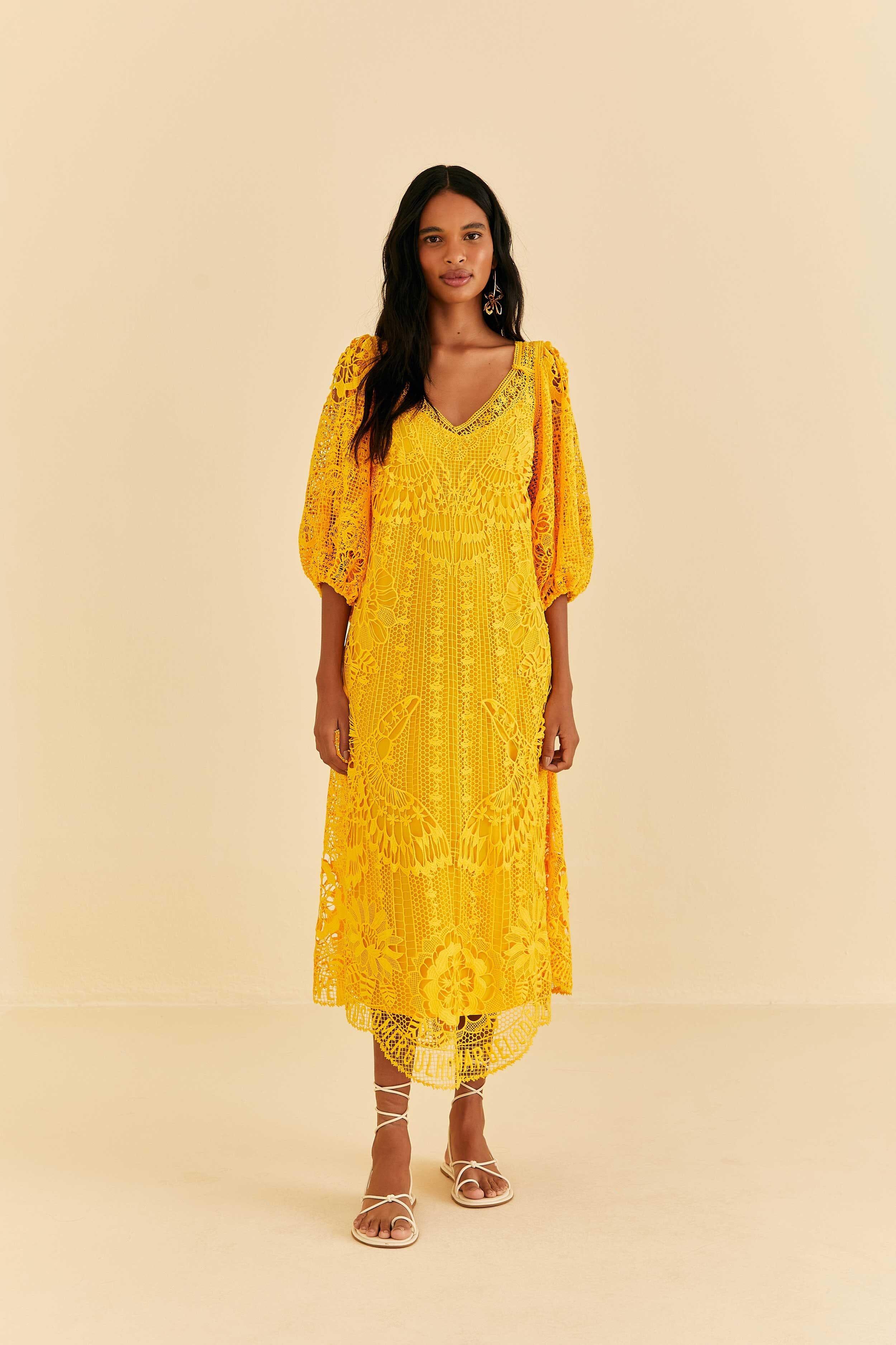 Yellow Guipure Midi Dress Product Image