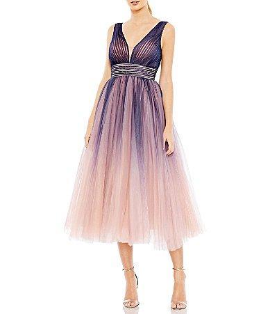 Mac Duggal V-Neck Sleeveless Ombre Tulle Skirt Midi Ball Gown Product Image