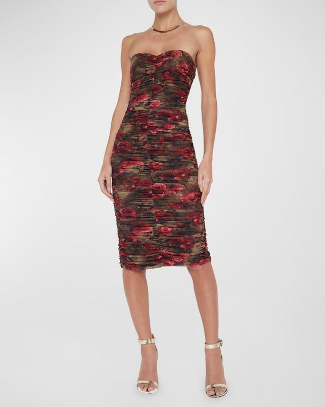 Floral Cheetah Caprice Ruched Strapless Midi Dress Product Image