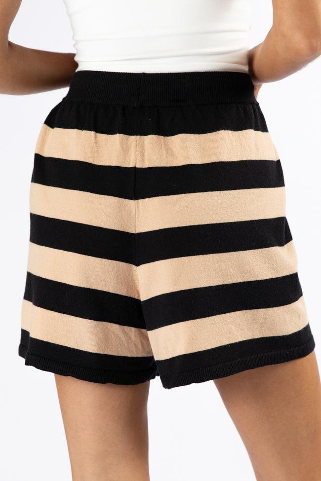 Pulling Heartstrings Black and Tan Striped Knit Shorts Product Image