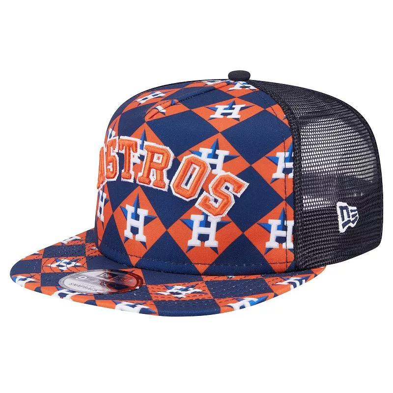 Mens New Era Houston Astros Seeing Diamonds A-Frame Trucker 9FIFTY Snapback Hat, Blue Product Image