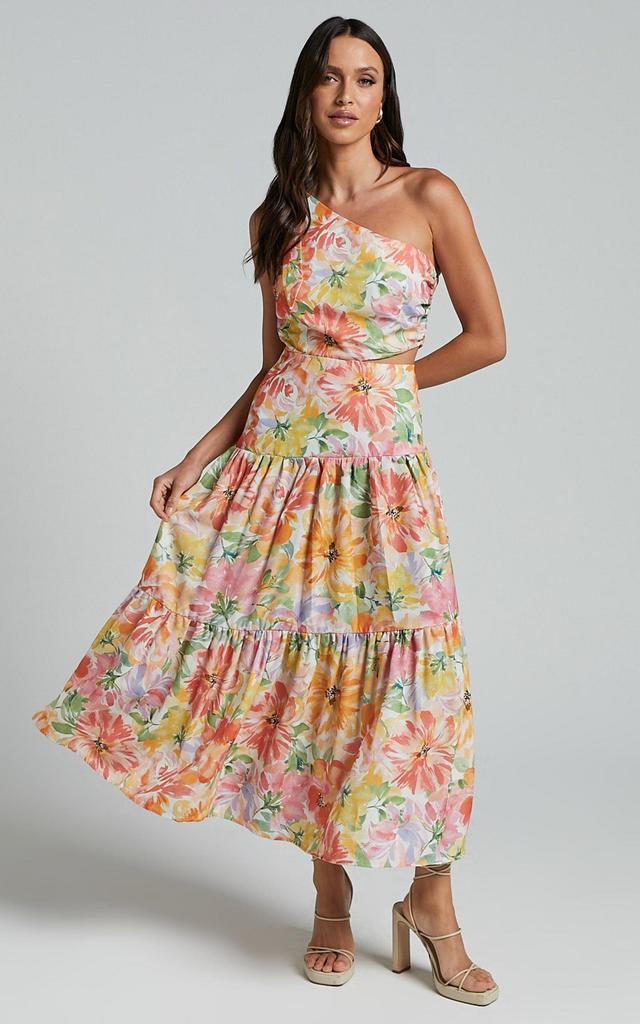 Mitzy Midi Dress - One Shoulder Cut Out Tiered Dress in Summer Floral Product Image