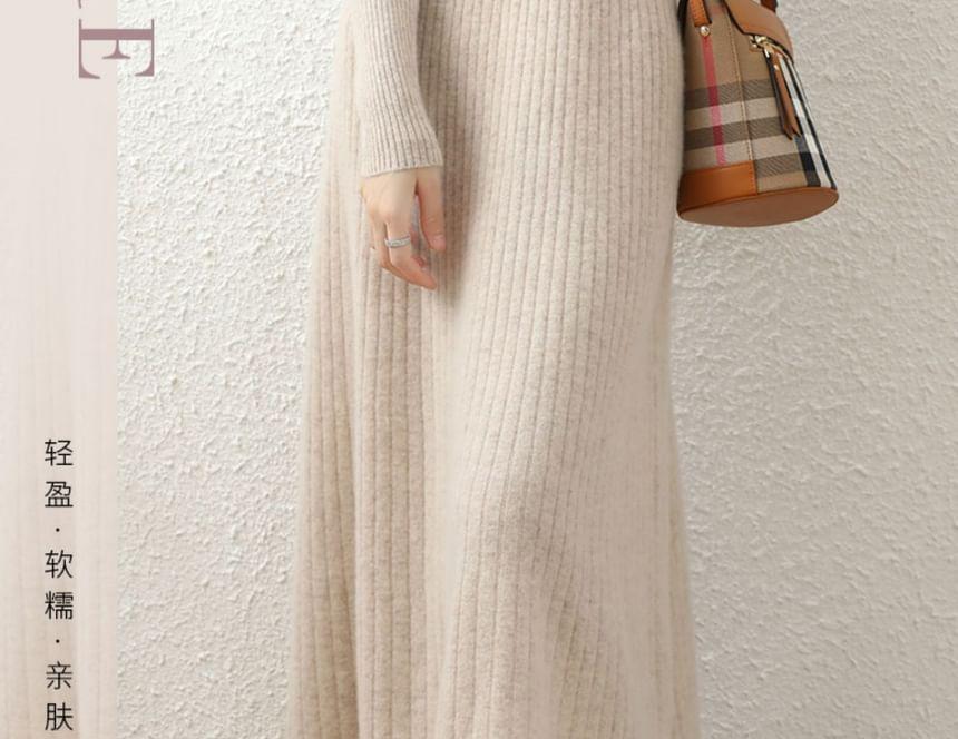 Long-Sleeve V-Neck Plain Button Ribbed Midi A-Line Knit Dress Product Image