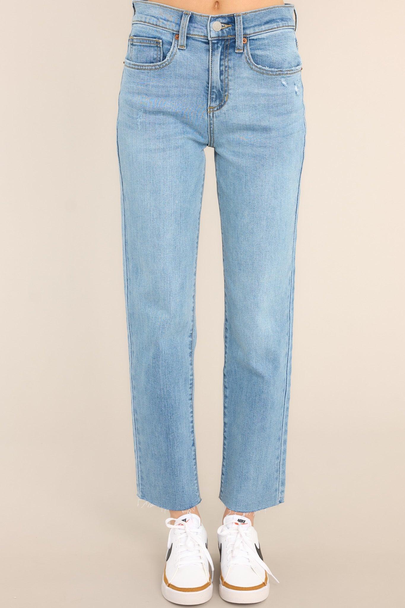 I Knew Light Wash Raw Hem Straight Leg Jeans Blue Product Image