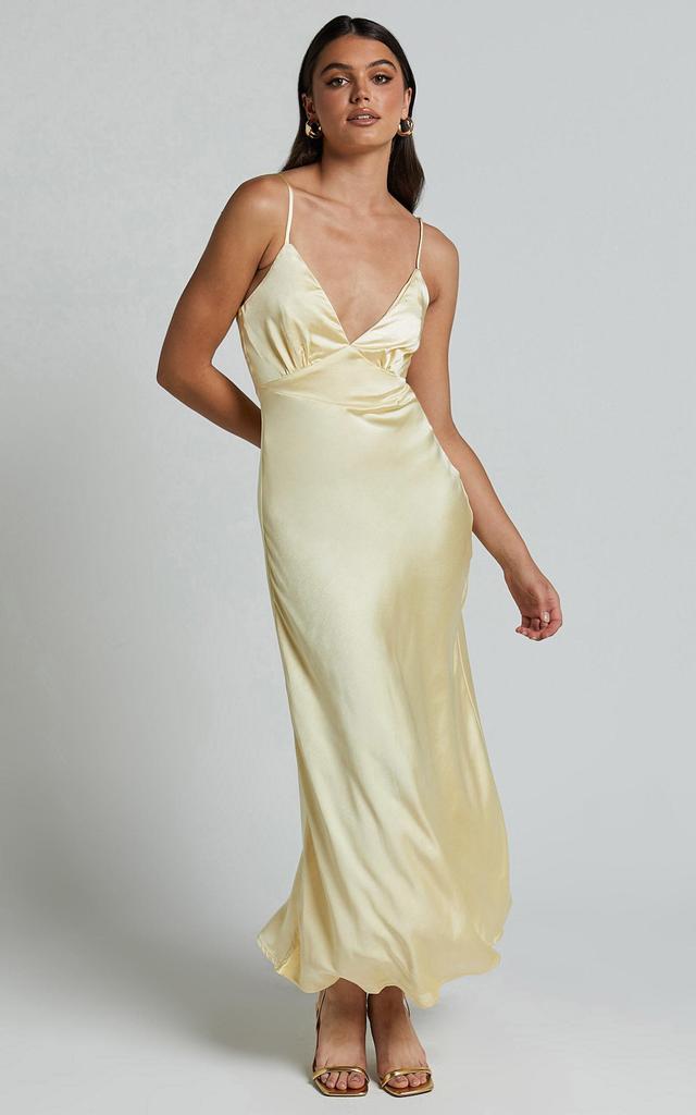 Lorenzia Maxi Dress - Plunge Corset Underbust Detail Satin Dress in Lemon Product Image