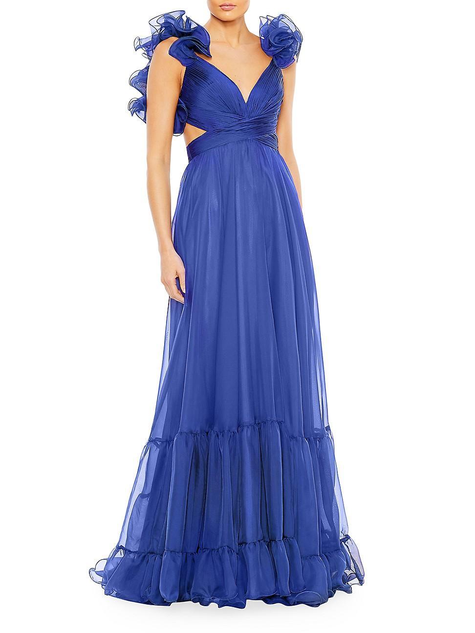 Ieena Mac Duggal Chiffon V-Neck Sleeveless Cut-Out Strappy Back Detail Tiered Ruffle Hem Gown Product Image