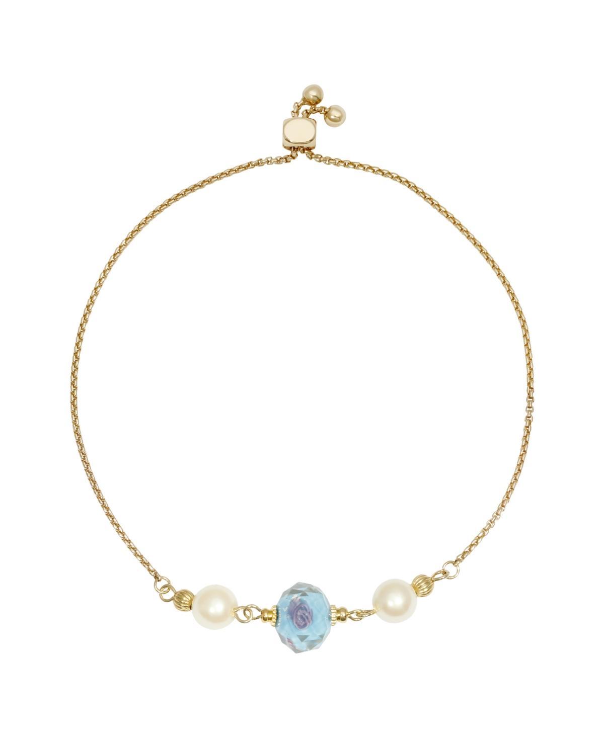 1928 Gold Tone Simulated Crystal Olivine Flower and Simulated Pearl Bracelet, Womens, Blue Product Image