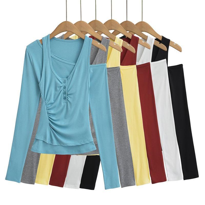 Set: Long-Sleeve One-Shoulder Plain Tee + Henley Ruched Tank Top Product Image