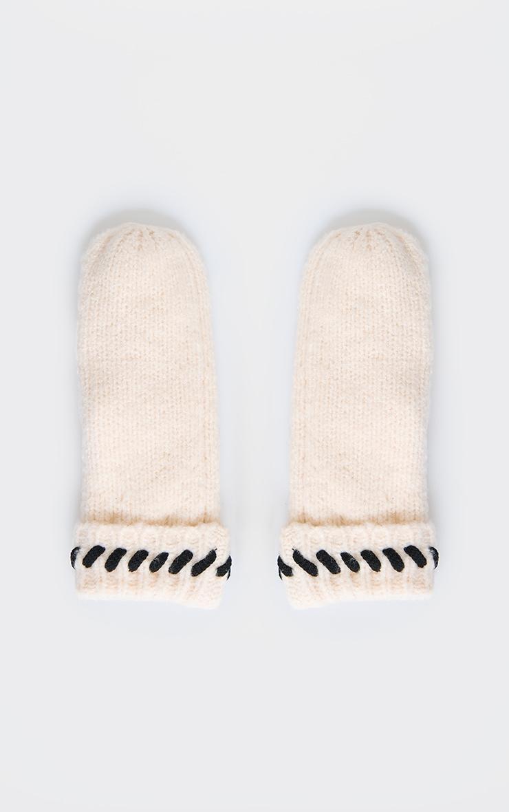 Cream Contrast Stitch Knit Mittens Product Image