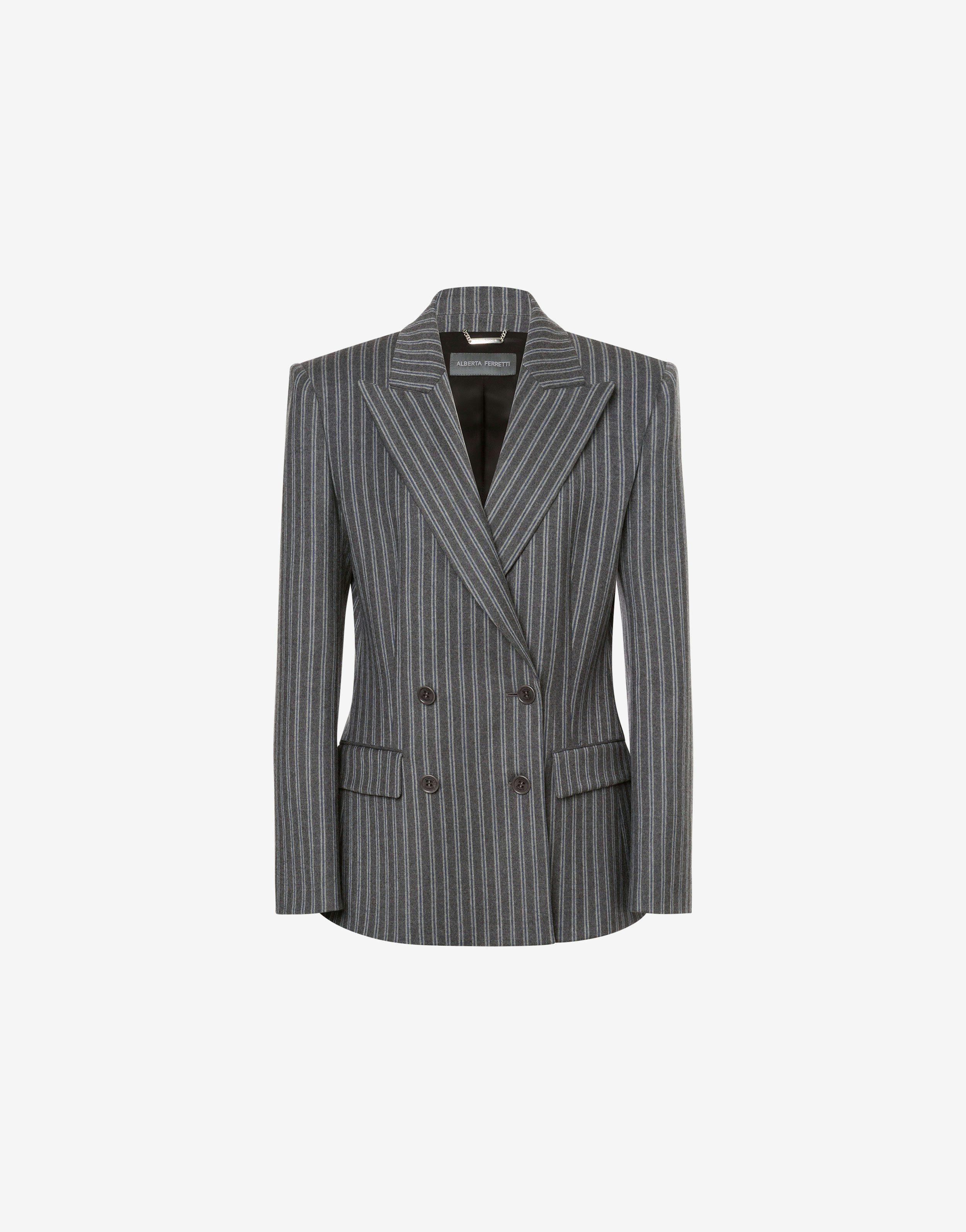 Double-breasted jacket in striped stretch flannel Product Image