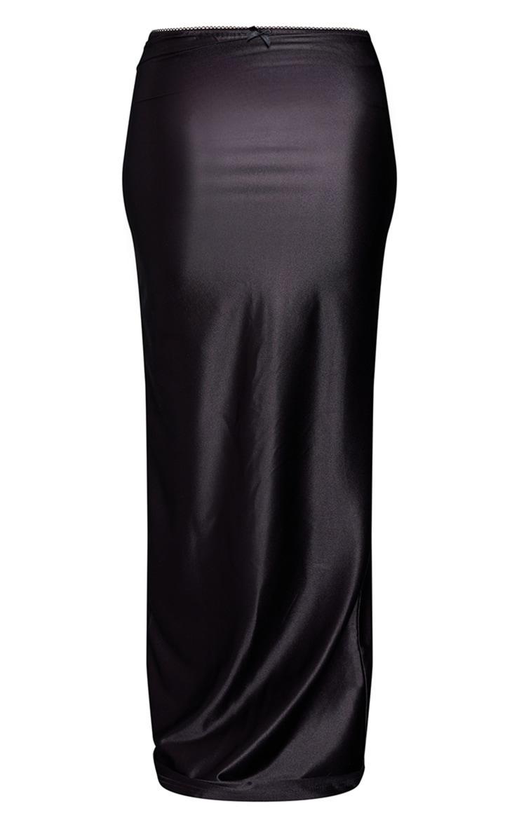 Black Picot Bow Trim Stretch Satin Split Side Maxi Skirt Product Image