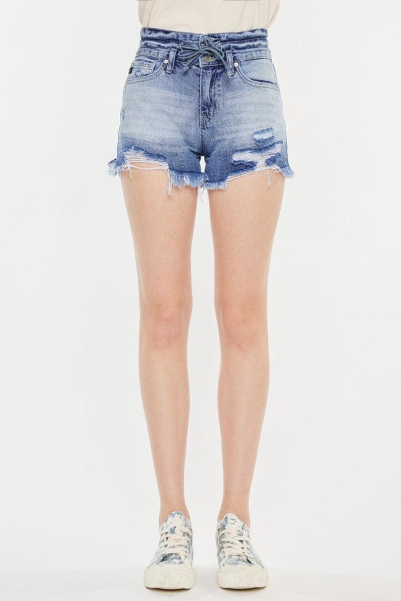 Kancan Acid Wash High Rise Frayed Hem Denim Shorts product image