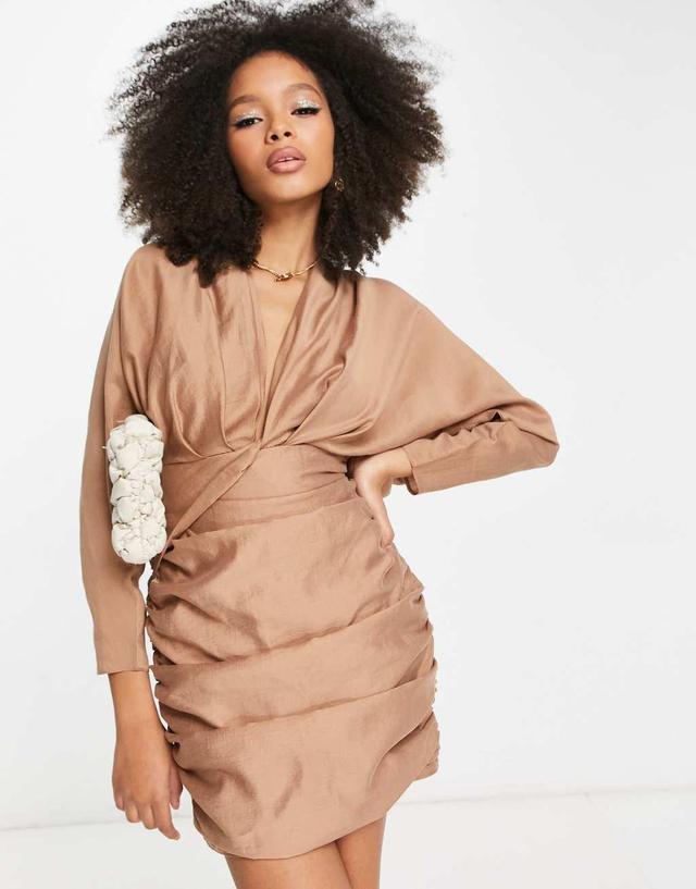   ASOS DESIGN washed twist front long sleeve mini dress with ruching in camel Product Image