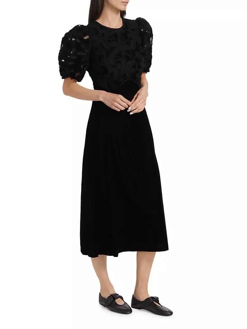 Alice Embroidered Velvet Puff-Sleeve Midi-Dress Product Image