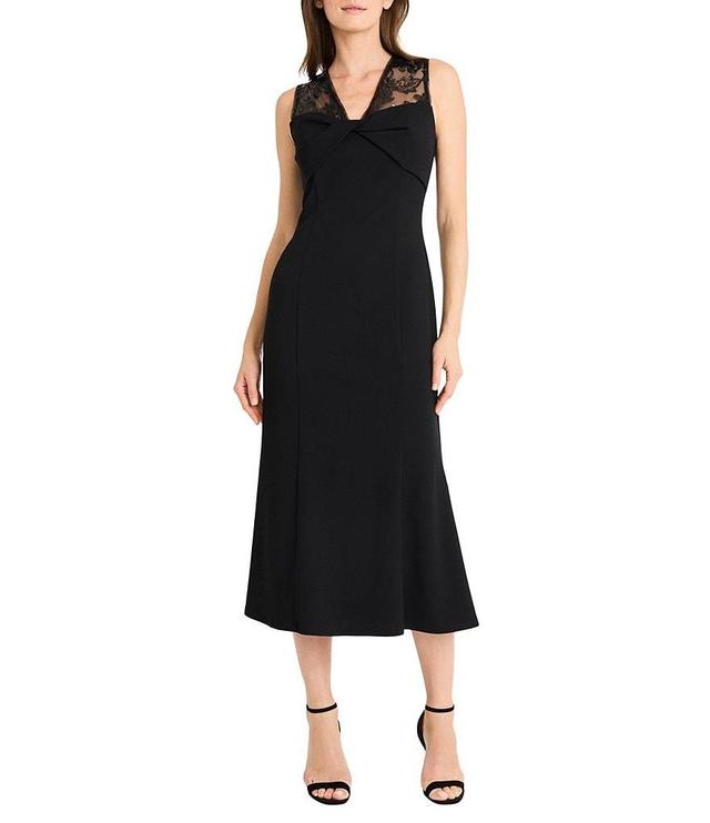 Maggy London Scuba Crepe Lace Inset V-Neck Sleeveless Twist Front Midi Dress Product Image