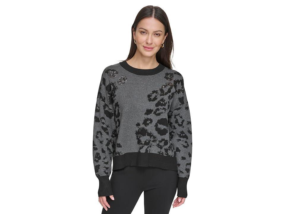 Dkny Womens Animal Print Crewneck Sequin Sweater Product Image