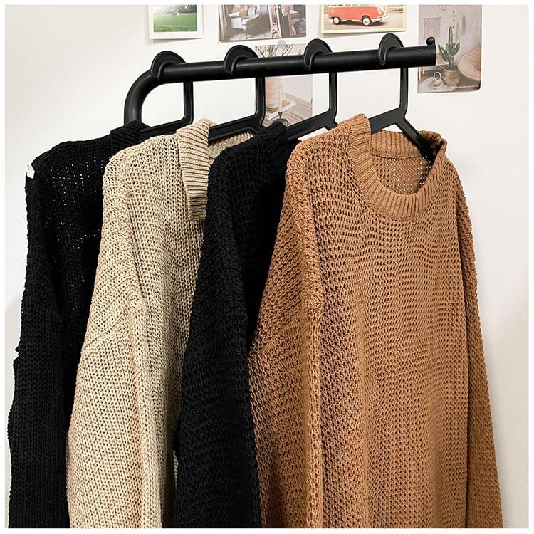 Long-Sleeve Crew Neck Plain Sweater Product Image