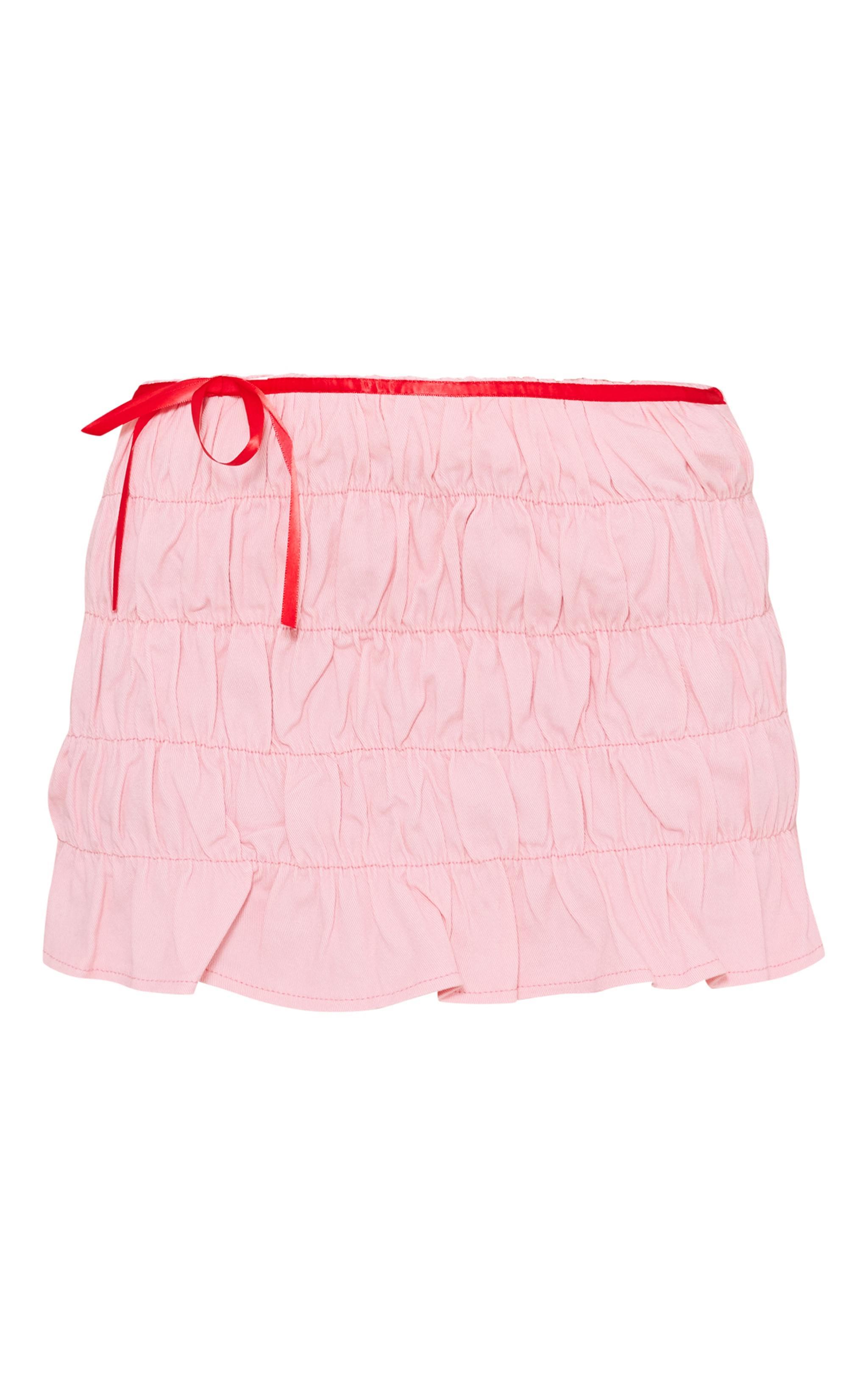 Pink Ribbon Detail Ruched Denim Mini Skirt Product Image