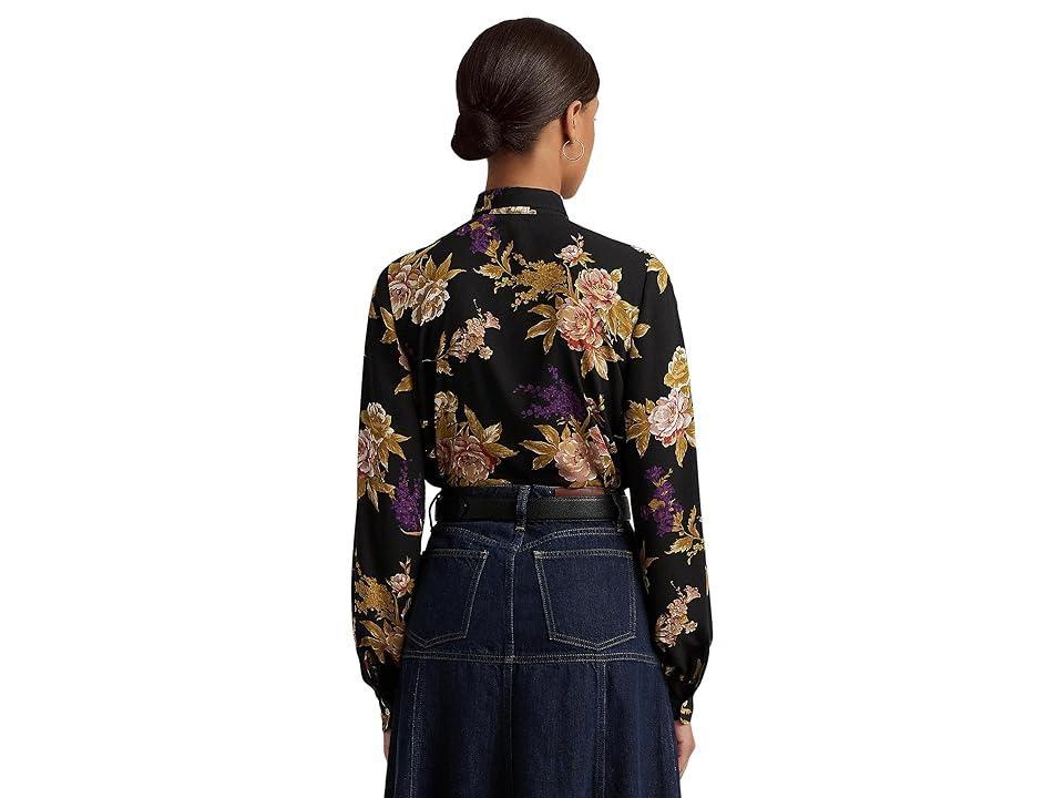 Lauren Ralph Lauren Floral Ruffle-Trim Georgette Shirt Tan/Multi) Women's Clothing Product Image