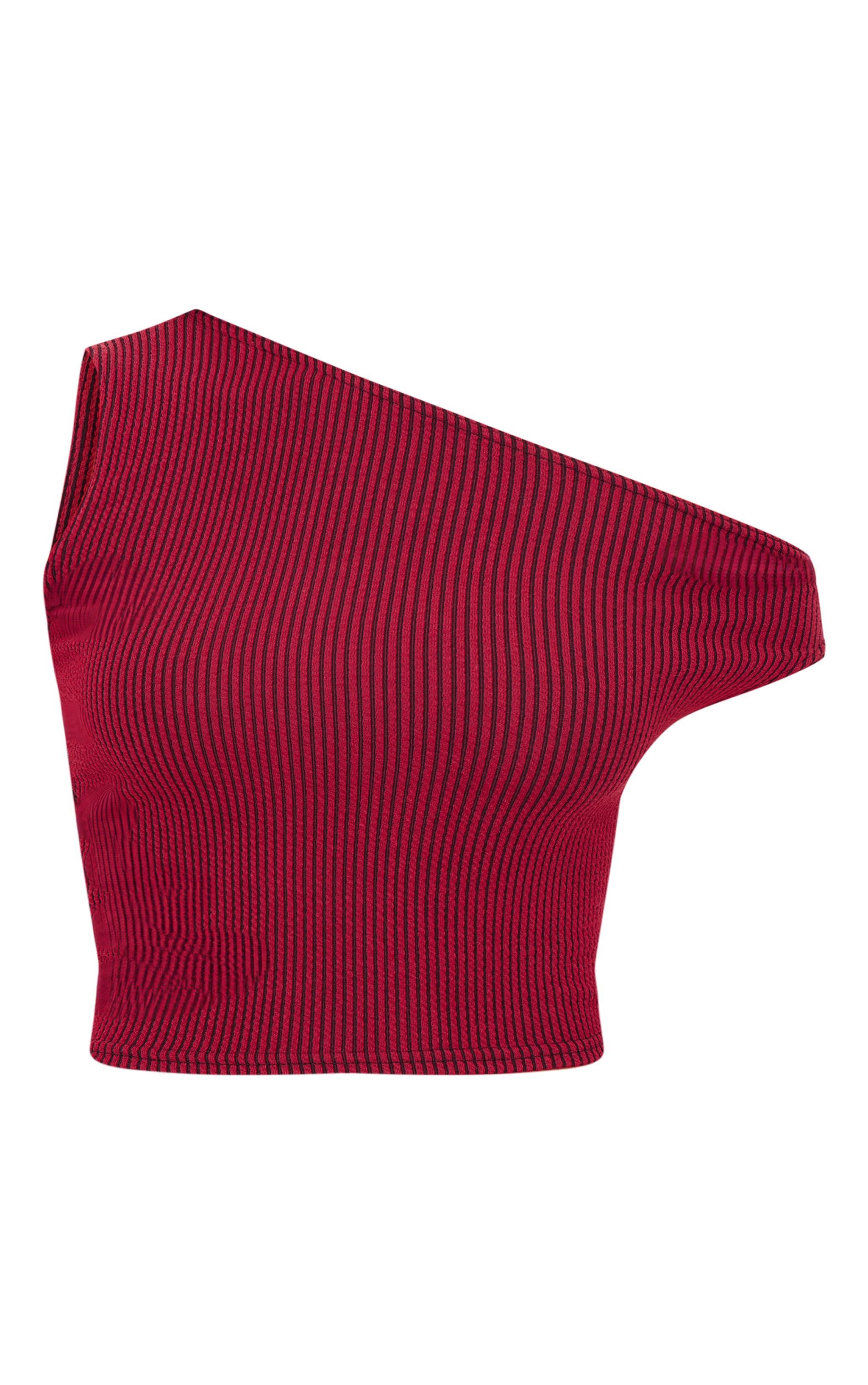 Burgundy Two Tone Crinkle Rib Off Shoulder Top Product Image