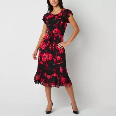 Perceptions Womens Short Sleeve Floral Midi Fit + Flare Dress Petite Product Image