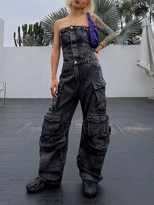 High Waisted Wide Leg Buttoned Pockets Split-Joint Tube Jumpsuits Product Image