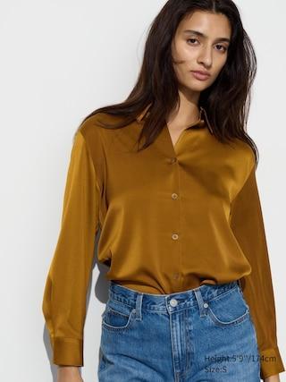 Womens Satin Blouse Long-Sleeve Brown Small UNIQLO US Product Image