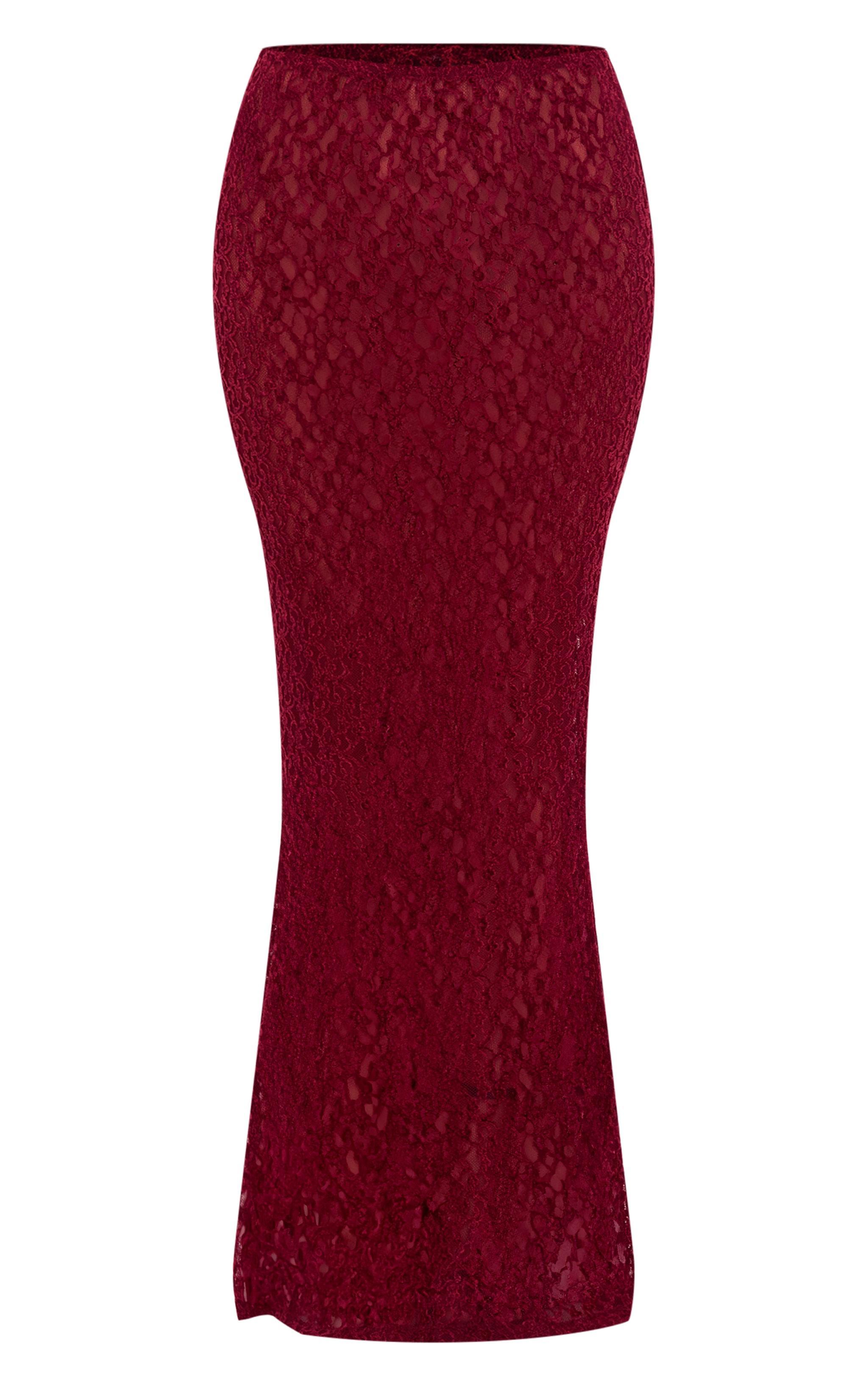 Burgundy Textured Lace Maxi Skirt Product Image