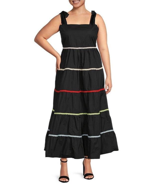 Sugarlips Plus Size Poplin Cotton Poplin Square Neck Tie Shoulder Strap Sleeveless Tiered Maxi Dress Product Image