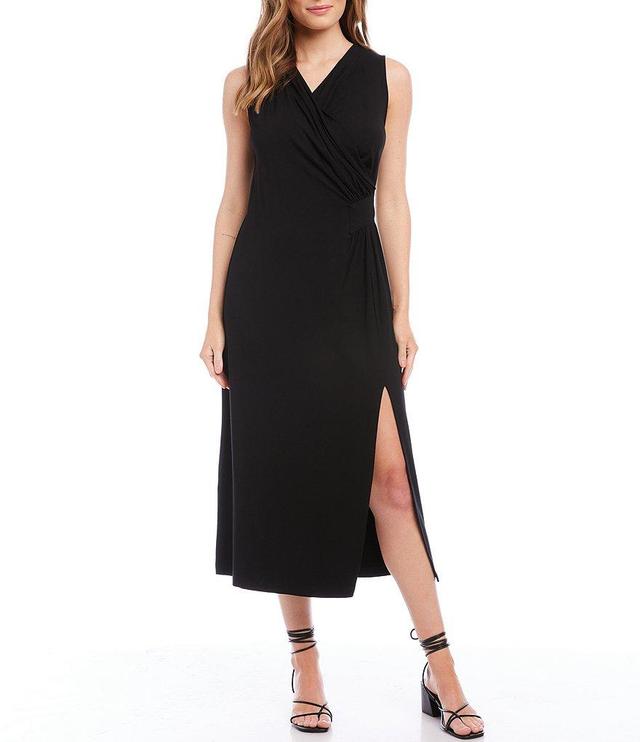 Karen Kane Petite Size Surplice V-Neck Sleeveless Side Slit Faux Wrap Midi Dress Product Image