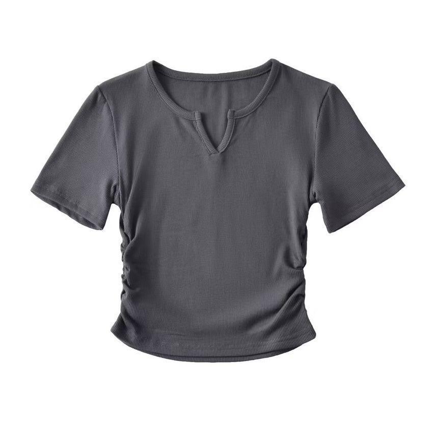 Short-Sleeve Notch Neck Plain T-Shirt Product Image