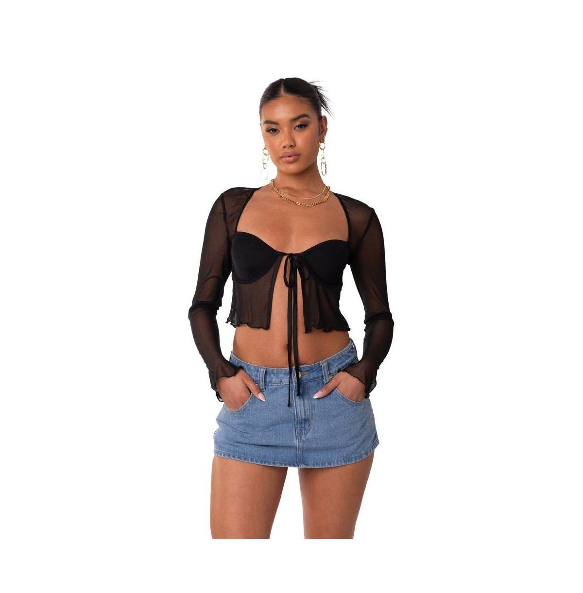 EDIKTED Mesh Long Sleeve Bra Top in Black at Nordstrom, Size X-Large Product Image