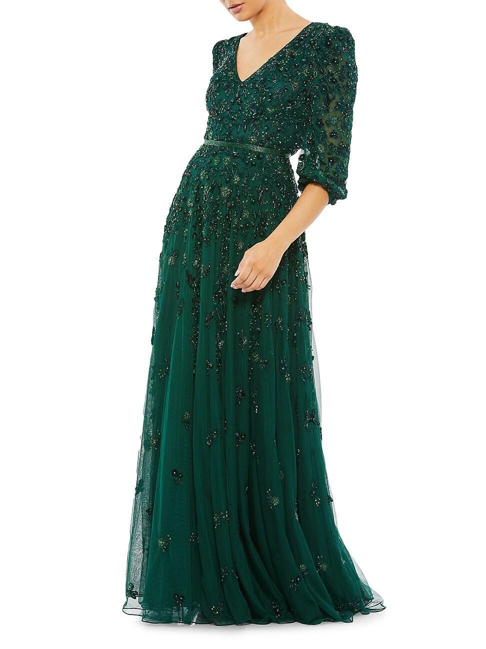 Mac Duggal Womens Embellished V Neck 3/4 Sleeve A Line Gown Product Image