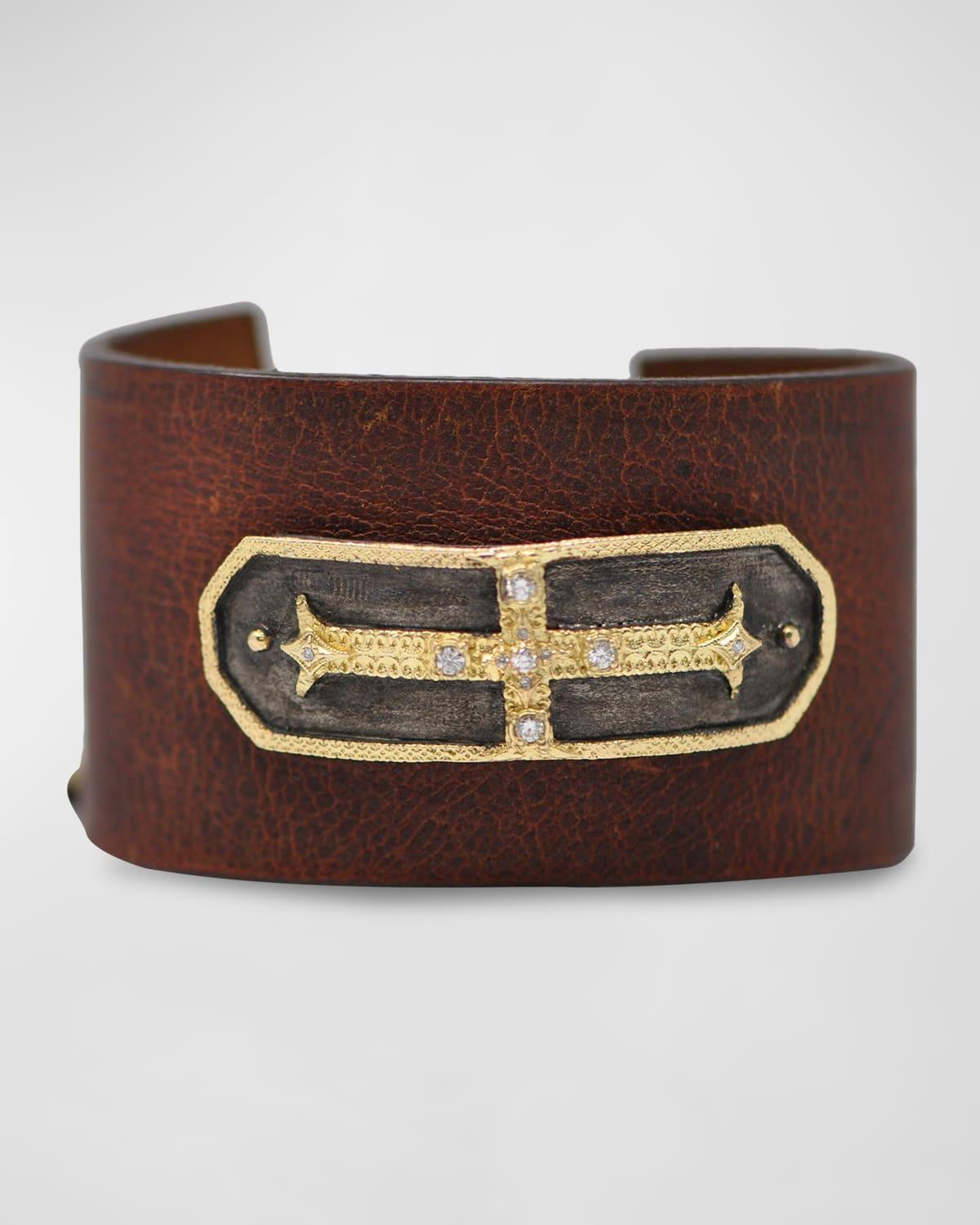 Mens Wide Leather Cuff Bracelet w/ Diamonds Product Image