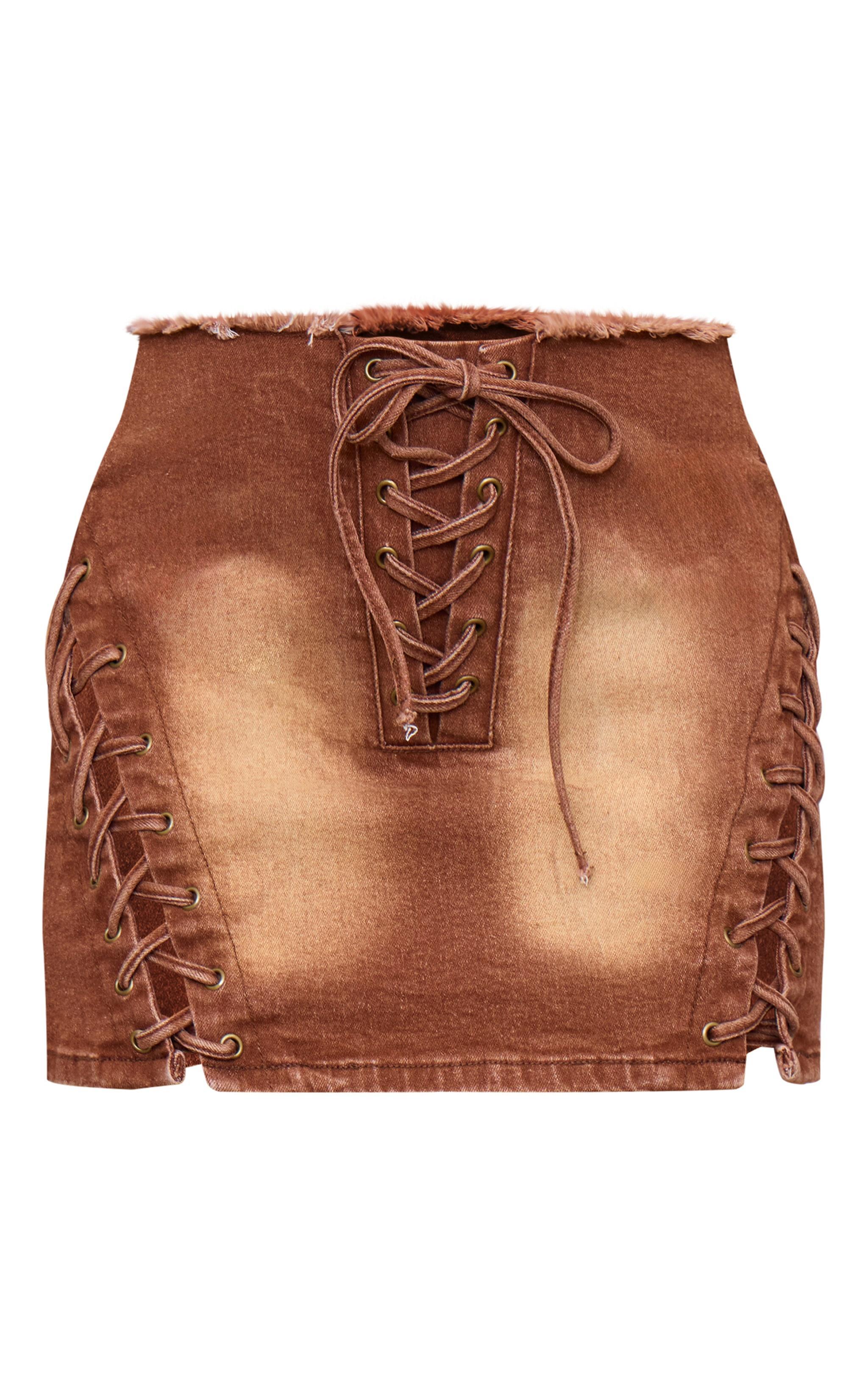 Washed Brown Lace Up Denim Mini Skirt Product Image