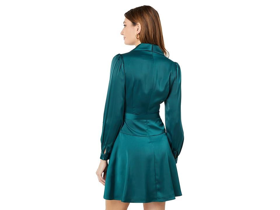 Vince Camuto Crepe Back Satin Long Sleeve Faux Wrap Dress Fit-and-Flare with Self Sash (Hunter) Women's Clothing Product Image