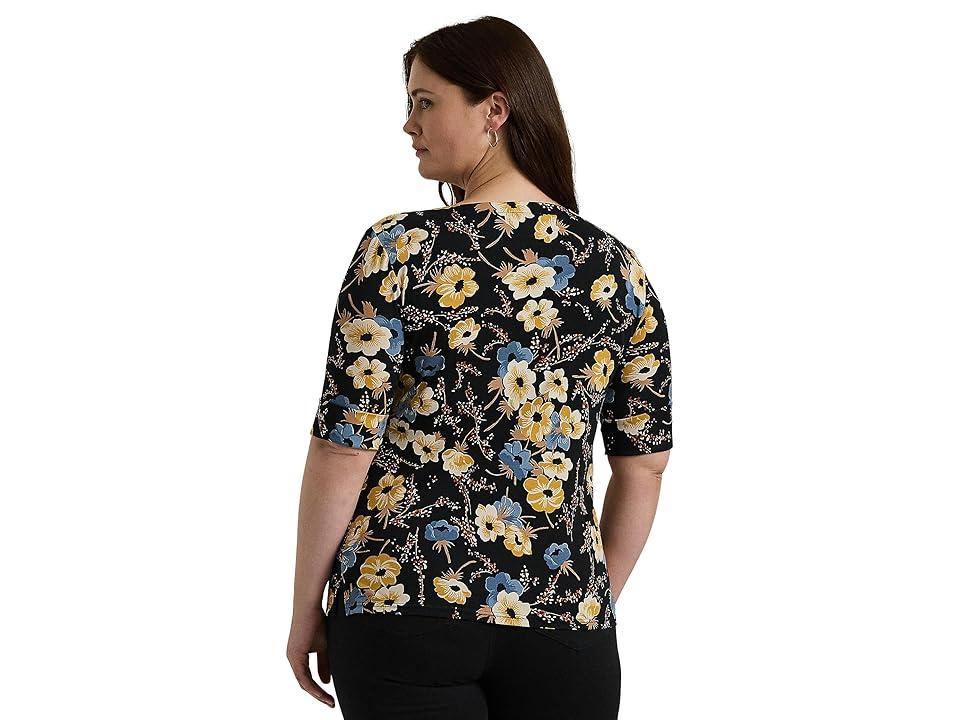 LAUREN Ralph Lauren Plus Size Floral Stretch Cotton Boatneck Tee Multi) Women's Clothing Product Image