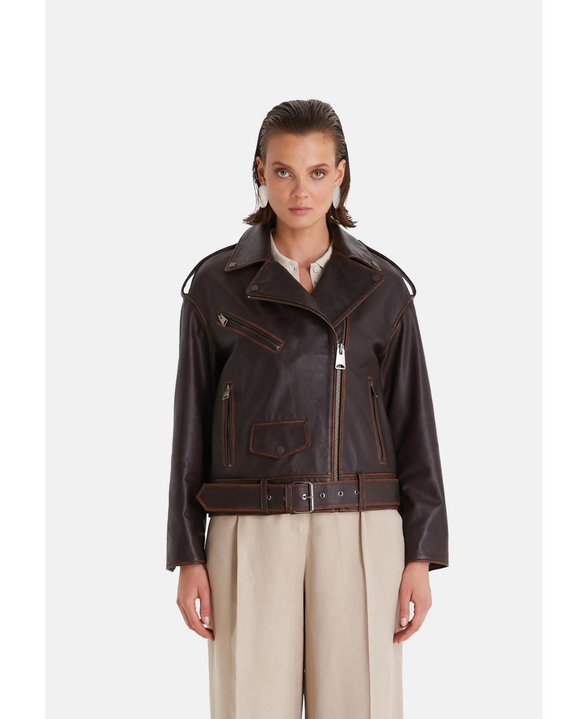 Furniq Uk Womens Genuine Leather Belted Biker Jacket,Nappa Brown product image