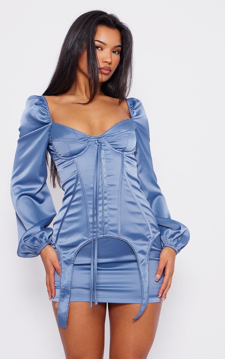 Mineral Blue Satin Balloon Sleeve Cup Detail Mini Dress Product Image