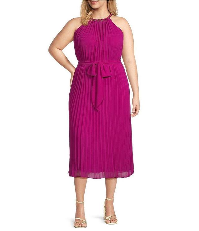 Marina Plus Size Sleeveless Crew Neck Tie Waist Pleated Mid Dress Product Image