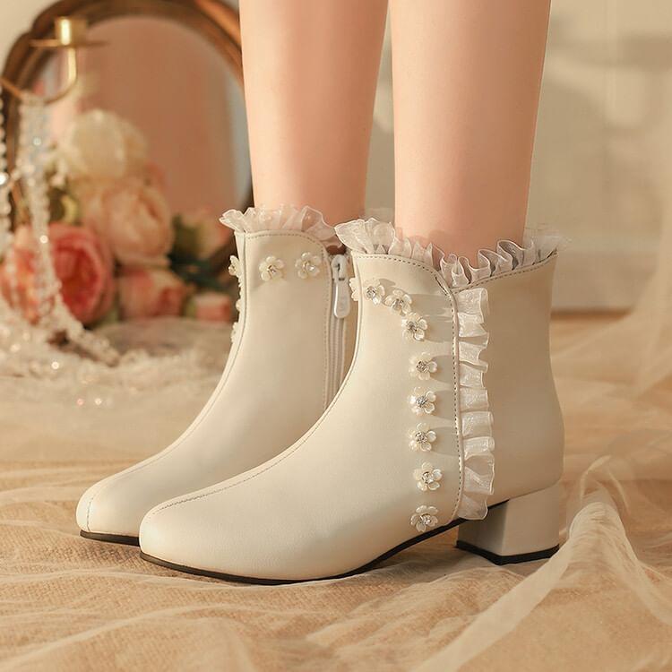 Flower Detail ruffle Chunky Heel Short Boots Product Image