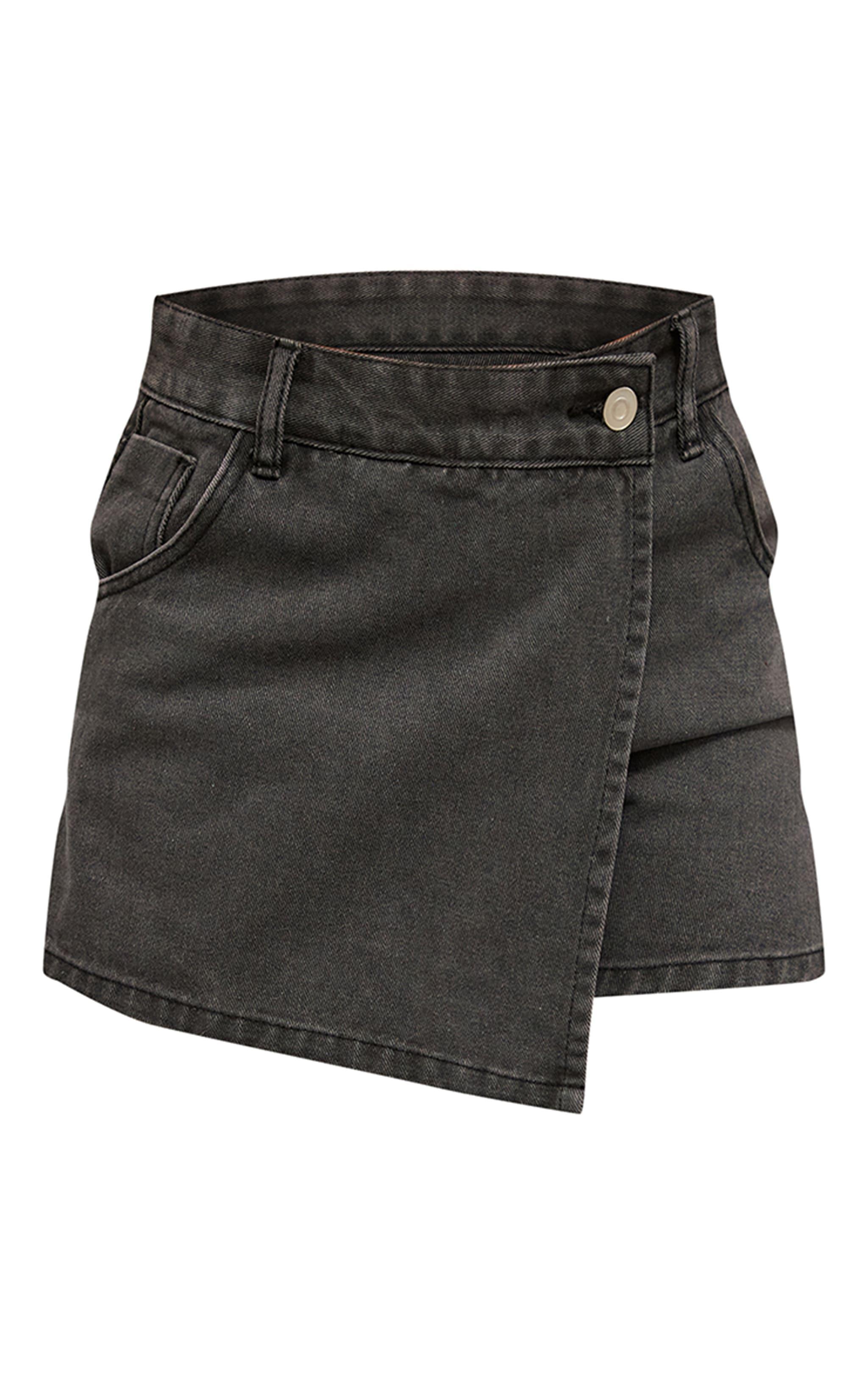 Washed Black Wrap Front Denim Mini Skort Product Image